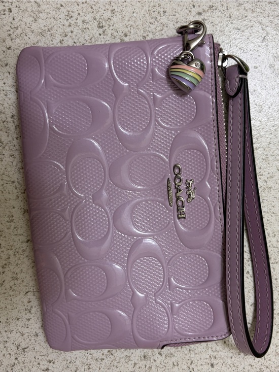 Coach Handbags - COACH Lavender Embossed Leather Wristlet with Heart Charm